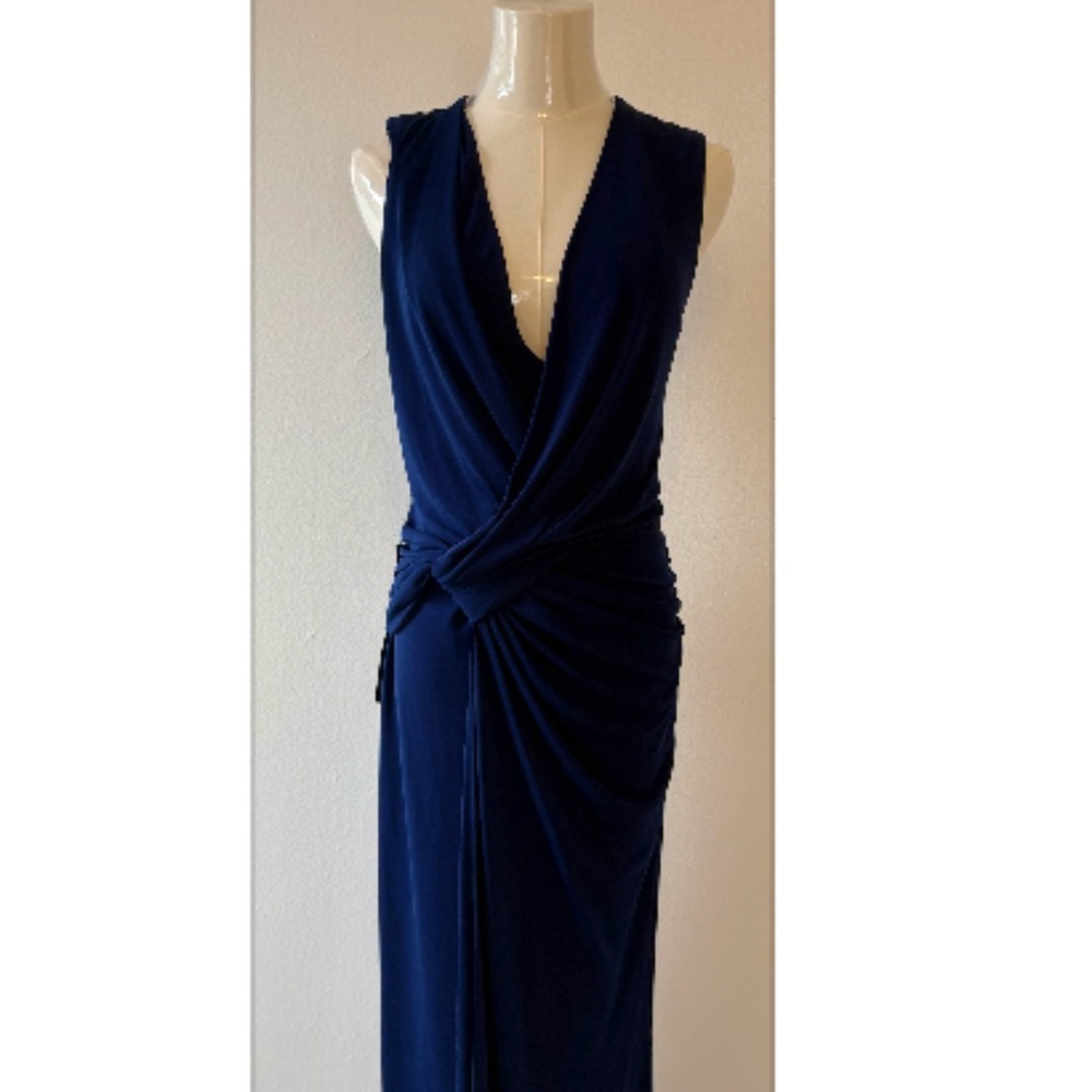 BCBGMAXAZRIA Navy Blue Draped Maxi Dress XS Sleeveless Ruched Evening